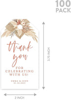Andaz Press 100 Pack Personalized Thank You Tags with Boho Design, Dried Palms - Boho Custom Wedding Gift Tags for Wedding Party Favors - 2 x 3.75-Inches