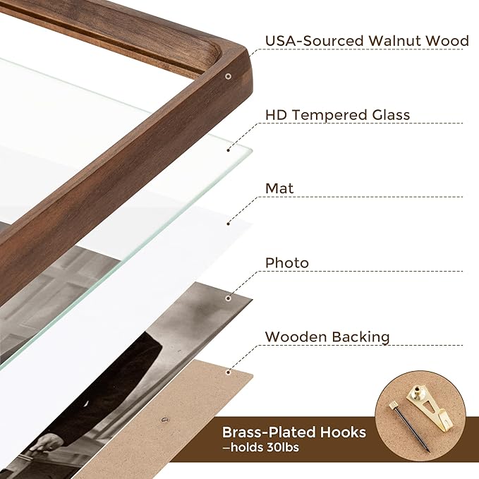 5x7 Wooden Picture Frames USA-Sourced Natural Walnut Wood Solid Wood Photo Frame Handcrafted Rounded Corner with Mat to 4x6 Picture Display with Real Glass Family Picture, Wedding Picture