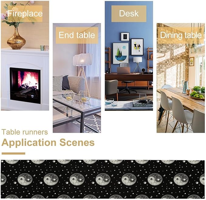 Mystical Celestial Table Runner, Vintage Bohemian Black Yin Yang Symbol Moon Stars Print Table Runner for Office Kitchen Dining Wedding Party Home Coffee Table, 13x108inch