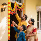 5 Pcs Diwali Artificial Marigold Garland with Pearls Decor, 4.5 Feet Artificial Marigold Flowers for Indian Pooja Diwali Home Mantle Decor Long Strands for All Year Decoration (Yellow＆Orange&Red)