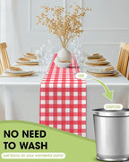 Pureegg Gingham Plastic Table Runners - 10 Pack, 14'' x 108'', Water Resistant & Disposable Plaid Centerpiece Decorations for Table Cloth, Birthday, Holiday, Party, Red and White Checkered Home Decor