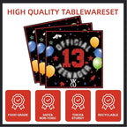 123pcs 13th Red and Black Party Decorations,Happy Birthday Banner Flags Paper,cups Straws Forks Cake Toppers Dessert plates Tablecloths and dinner plates,Officially a Teenager 13th Birthday Supplies