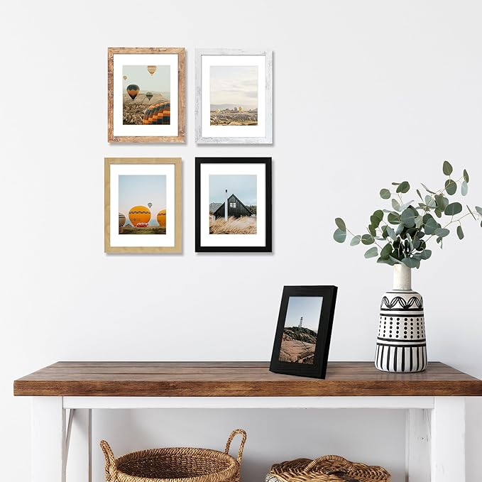 11x14 Picture Frame Set of 4, High Definition Tempered Glass 11 x 14 Frames Display 8x10 Pictures with Mat, Mixed Color Wood Photo Frame Wall Mounting