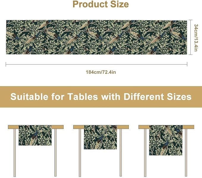 Peacock Table Runner,Retro Floral Plants Peacock Table Runner for Home Kitchen Dining Party Indoor Outdoor Decoration 13x70 Inch