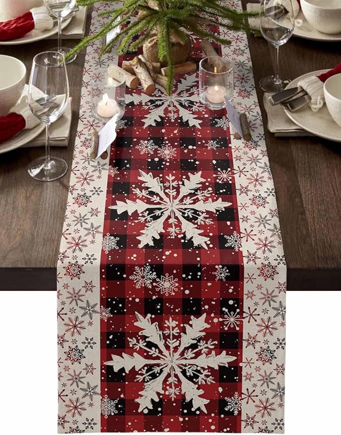 Buffalo Plaid Christmas Cotton Linen Table Runner for Dining Kitchen, Snowflake Red Black Check Wedding Outdoor Party Tablerunner Decoration,Retro Dresser Scarf Coffee Tablecloth Runners 13x120 Inches