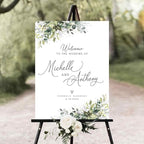 Personalized Wedding Welcome Sign, Greenery Eucalyptus Wedding Sign Signage 12" X 18" (Small), 27" (Medium), 36" (Large), Plastic, Modern, Pole Mount, Weather