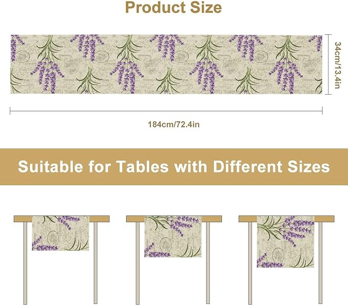 Floral Lavender Table Runner,Vintage Rustic Country Romantic Purple Flower Pattern Print Burlap for Hotel Indoors Outdoor Dining Room Kitchen Home Decor, 13x108in