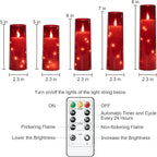 Raycare Flameless Candle with Remote Timer – 5 Flickering Acrylic Battery Operated LED Pillar Candles with Embedded Star String for Halloween, Home Decor, and as a Gift(Red)