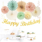 Sage-Green Blush-Pink Beige Birthday Party-Decorations - 21pcs Happy Banner,Cream Light Dusty Pink Paper Lanterns Pom Poms,Rustic Boho Neutral Streamers Garland,Women Girls Decor Supplies Huglony