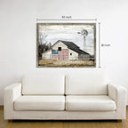 Rustic Landscape Wooden Picture Artwork - Neutral Color Barn with USA Flag Accent Windmill Painting Wall Art Framed