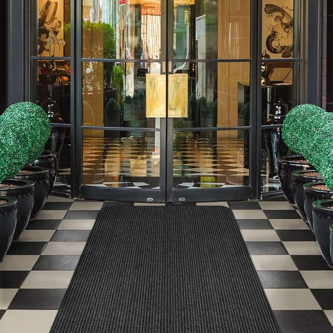 House, Home and More Indoor Outdoor Double-Ribbed Carpet Runner with Skid-Resistant Rubber Backing - Smokey Black - 3 Feet x 10 Feet