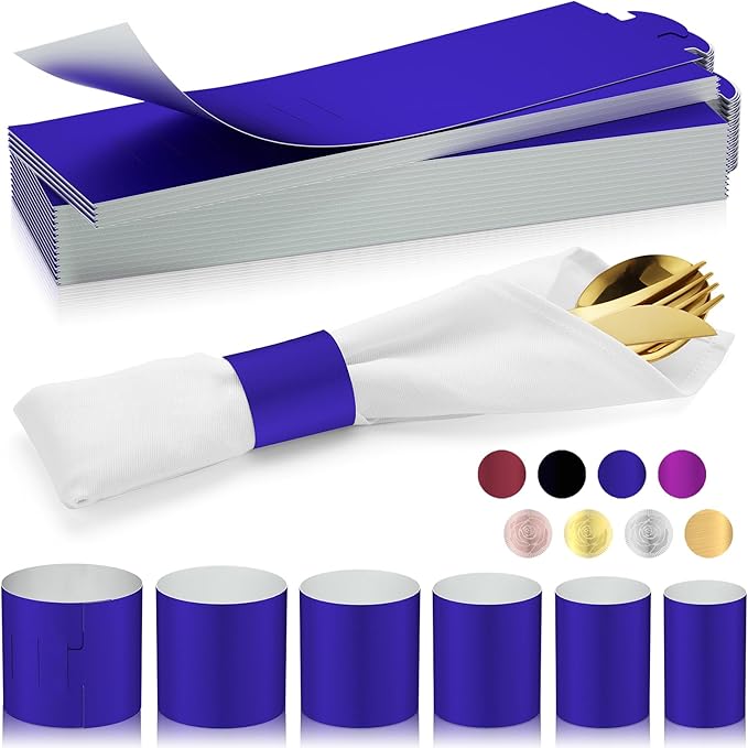 Polymer Material Reusable Napkin Band, Glue-Free Tear-Proof Water Resistant Oil-Proof Napkin Bands Set of 200(Front Blue Color and Back White), 6 Adjustable Sizes Napkin Rings