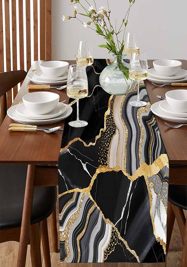 Geometric Black Marble Cotton Linen Table Runner for Dining Kitchen, Wedding Outdoor Party Tablerunners Decoration, Farm Marble Liquid Ripple Abstract Dresser Scarf Coffee Tablecloth Runners 13''x36''