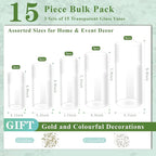 15pcs Clear Glass Vase for Centerpieces, 4,6,7.5,8,10 inch Tall Cylinder Flower Vase Bulk Floating Candle Holder for Wedding Table Home Décor and Party