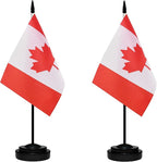 Canada Canadian Deluxe Desk Flag Set Small Mini Miniature CA Canadian Table Desktop Flags With Solid Pole, Black Base and Spear Top(2 Pack)