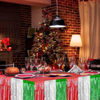 4 Pack 29x108 Inch Metallic Foil Fringe Tinsel Table Skirts for Rectangle Tables Streamer Backdrop for Wedding, Birthday, Parade Floats, Christmas, Halloween Party Decoration(Red Silver Green)