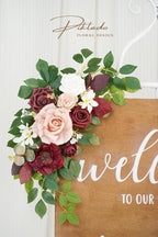 Wedding Decor (Pack of 2) Welcome Sign Flower Backdrop Garland for Ceremony Reception Wall Easel Home Decoration Entryway Faux Outdoor Board Head Table Decor (Burgundy & Dusty Rose)