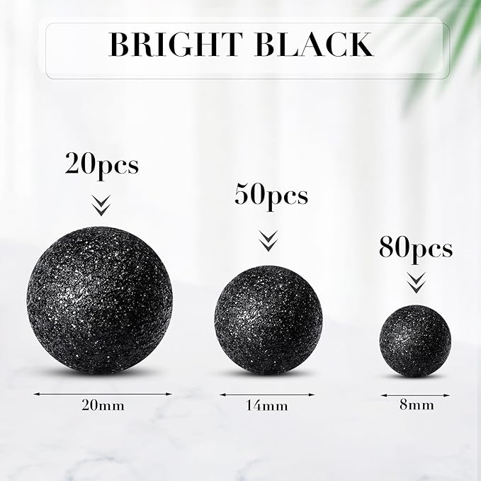 150 Pieces Vase Filler Faux Pearls Vase Makeup Beads No Hole Gloss Bead Mixed Sizes Round Pearl for Home Party Wedding Decor, 8/14/20 mm(Glitter Black)