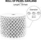 Craft String Pearls 8MM Pearl Bead, 33 Feet Silver Faux Pearl Garland Spool Roll Strand Wedding Party Decoration, Christmas Tree Decorations