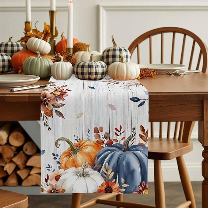 Thanksgiving Fall Cotton Linen Table Runner for Dining Kitchen, Pumpkins Eucalyptus Wedding Outdoor Party Tablerunners Decoration, Farmhouse Wooden Dresser Scarf Coffee Tablecloth Runners 13x72 Inches