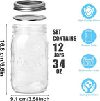 Mason Jars 32 oz Glass Canning Jars 12 Pack Wide Mouth Mason Jar With Airtight Lids