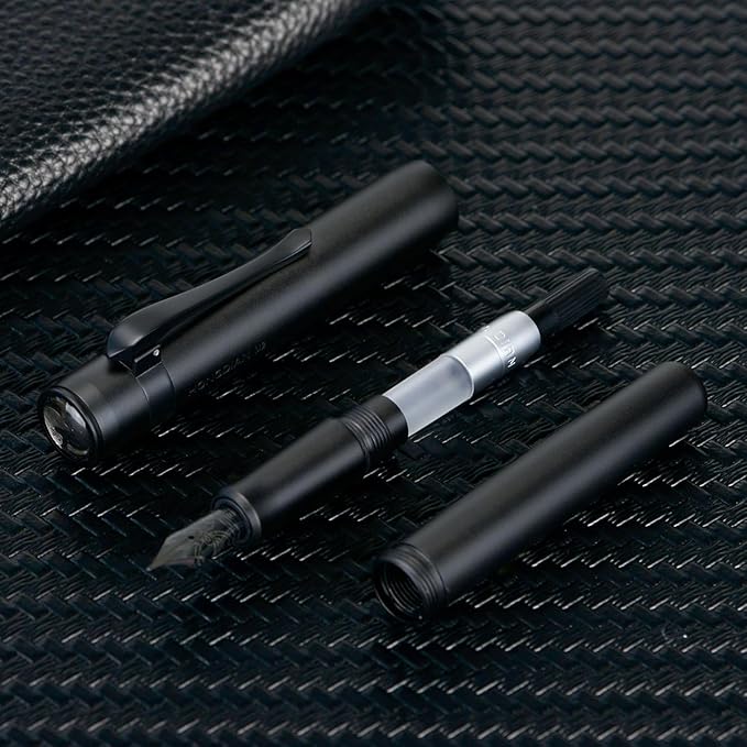 Hongdian M2 Mini Fountain Pen with Bent Nib, Sleek Shape Aluminium Short Pocket Travel Pen (Matte Black)