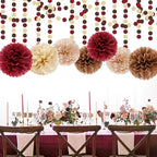 Boho Baby-Shower Burgundy-Brown Champagne Party-Decorations - 28pcs Neutral Birthday Rustic Wedding Bridal Tissue Pom Poms Streamers, Fall Autumn Tassel Garland Banner, Engagement Decor Ouruola