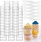 100 Pack Mini Dessert Cups, 3oz Clear Shooter Cups with Spoons, Plastic Mousse Cups for Party, Ice Cream, Puddings, Chocolate, Round Appetizer Parfait Tasting Cups