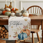 Fall Thanksgiving Cotton Linen Table Runner for Dining Kitchen, Orange Pumpkins Outdoor Party Autumn Tablerunners Decoration, Rustic Wheat Leaves Dresser Scarf Coffee Tablecloth Runners 13x72 Inches