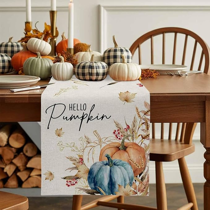 Fall Thanksgiving Cotton Linen Table Runner for Dining Kitchen, Orange Pumpkins Outdoor Party Autumn Tablerunners Decoration, Rustic Wheat Leaves Dresser Scarf Coffee Tablecloth Runners 13x48 Inches
