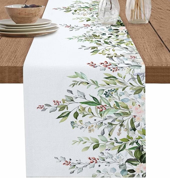 Botanical Eucalyptus Cotton Linen Table Runner for Dining Kitchen, Wedding Outdoor Party Tablerunners Decoration, Sage Green Leaves Elegant Floral Dresser Scarf Coffee Tablecloth Runners 13x120 Inches