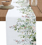 Botanical Eucalyptus Cotton Linen Table Runner for Dining Kitchen, Wedding Outdoor Party Tablerunners Decoration, Sage Green Leaves Elegant Floral Dresser Scarf Coffee Tablecloth Runners 13x120 Inches
