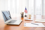 US American Deluxe Desk Table Flag Set Small Mini Miniature USA Table Desktop Flags With Solid Pole, Black Base and Spear Top(2 Pack)