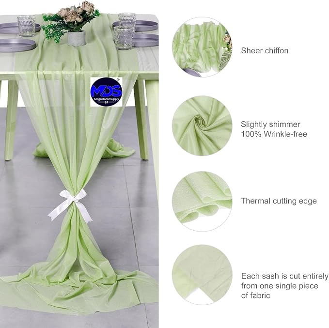 MDS Halloween Chiffon Table Runner - 15 Pack, 29 x 120 Inches, 10ft Each - Sheer Spooky Table Runners for Haunted House Parties, Trick-or-Treat Tables, Witchy Décor, Wedding & Events - Sage Green