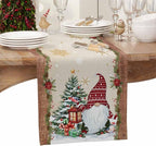 Christmas Gnomes Cotton Linen Table Runner for Dining Kitchen, Xmas Pine Tree Snowflake Rustic Wedding Outdoor Party Tablerunners Decoration, Retro Wood Dresser Scarf Tablecloth Runners 13x108 Inches