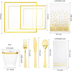 Festiva 176Pcs Clear and Gold Plastic Plates - Square Clear Plates with Gold Trim - Dinnerware Set for 25Guest include Cups Cutlery Napkins for Thanksgiving Party&Wedding&New Year