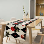 Vintage Rose Table Runner, Red Rose Hearts Black White Checkered Background Table Runner for Kitchen Dinning Table Runner Decor Home Wedding Party Holiday, 13x120 Inch