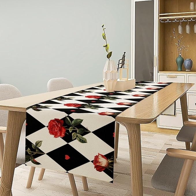 Vintage Rose Table Runner, Red Rose Hearts Black White Checkered Background Table Runner for Kitchen Dinning Table Runner Decor Home Wedding Party Holiday, 13x36 Inch