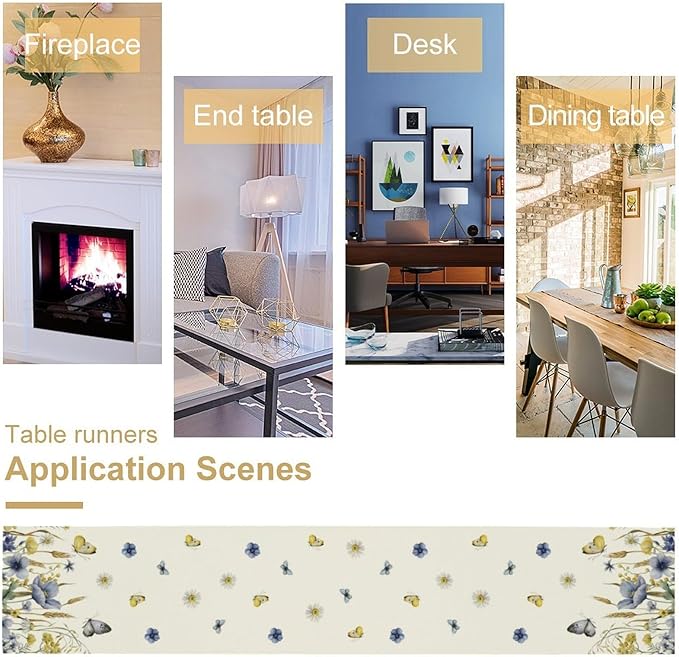 Floral Table Runner, Spring Watercolor Flower Plants Nature Butterfly Table Runner for Kitchen Dinner Living Room Home Party, 13x120 Inch