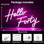Hello Forty Neon Sign 40th Birthday Dimmable Neon Sign Pink Letters Neon Lights For Bedroom Decor USB Hanging Sign For Home Apartment Office Beauty Salon Decor