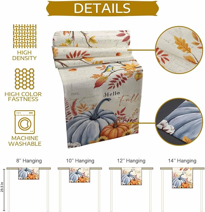 Thanksgiving Fall Cotton Linen Table Runner for Dining Kitchen, Blue Pumpkins Rustic Wedding Outdoor Party Autumn Tablerunners Decoration, Leaves Dresser Scarf Coffee Tablecloth Runners 13x72 Inches