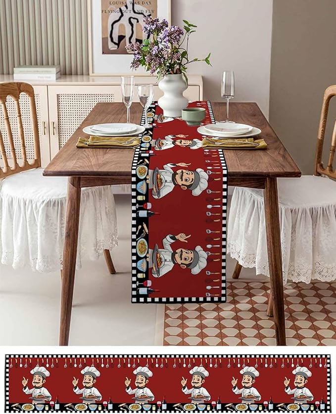 Red Chef Gourmet Cotton Linen Table Runner for Dining Kitchen, Wedding Outdoor Party Tablerunners Decoration, Black White Check Plaid Funny Kitchen Dresser Scarf Coffee Tablecloth Runners 13''x108''