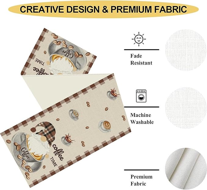 Coffee Time Table Runner, Farmhouse Retro Gnome Coffee Cup Tea Party Cafe Table Center Decor for Home Kitchen Dining Patio Holiday Party Indoor Outdoor Table Decorations,13"x90" Inch