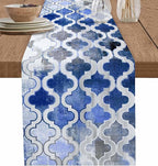 Blue Morocco Plaid Cotton Linen Table Runner for Dining Kitchen, Wedding Outdoor Party Tablerunners Decoration, Distressed Abstract Painted Vintage Dresser Scarf Coffee Tablecloth Runners 13x72 Inches