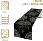 Lotus Flower Table Runner, Bohemian Ethnic Oriental Mandala Black White Floral Print Table Runner for Home Kitchen Dining Indoor Outdoor Dinner Party Decor, 13x60inch