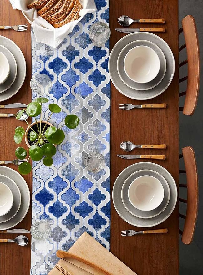 Blue Morocco Plaid Cotton Linen Table Runner for Dining Kitchen, Wedding Outdoor Party Tablerunners Decoration, Distressed Abstract Painted Vintage Dresser Scarf Coffee Tablecloth Runners 13x36 Inches