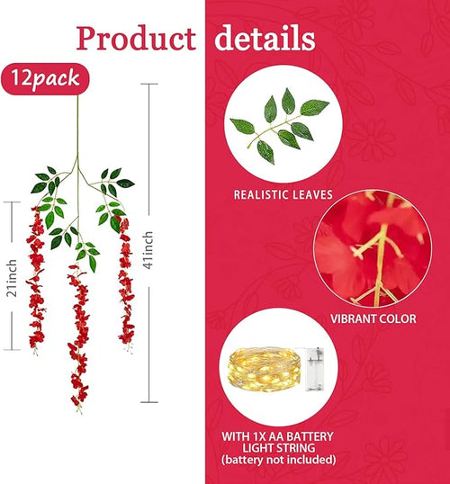 12 Pack Red Wisteria Hanging Flowers Garland with Lights, 3.44 Feet Artificial Flower Vines, Fake Wisteria, Artificial Vines Hanging Garland for Backdrop Outdoor Patio Garden Decor