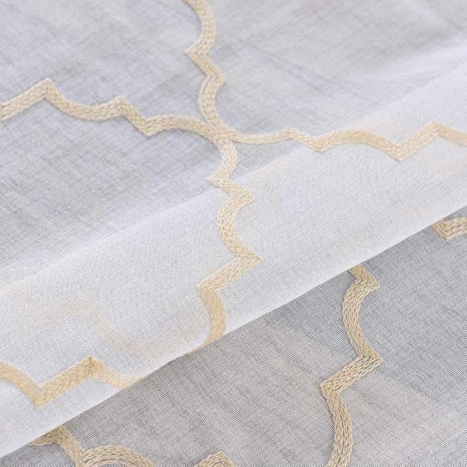 Embroidered Moroccan Tile Lattice Design Gold Sheer Curtains 84 Inch Long, Rod Pocket Sheer Drapes for Living room, Bedroom, 2 Panels, 52"x84", Semi Voile Window Treatments for Yard, Villa, Parlor.