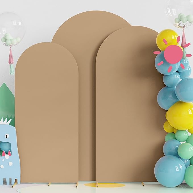 Fomcet Set of 3 Wedding Arch Covers 6FT, 6.6FT, 7.2FT Khaki 2-Sided Round Top Spandex Arch Backdrop Cover Fitted Fabric for Birthday Party Baby Shower Wedding Arch Stand Decoration