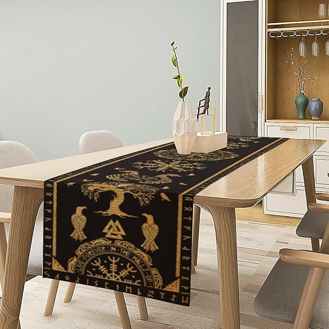 Viking Tree of Life Abstract Table Runner for Living Room Home Party Coffee Dining Party Wedding Golden Black Celtic Style Geometric Dragon Boat Rudder Ancient Script Table Runner 13x120 Inch